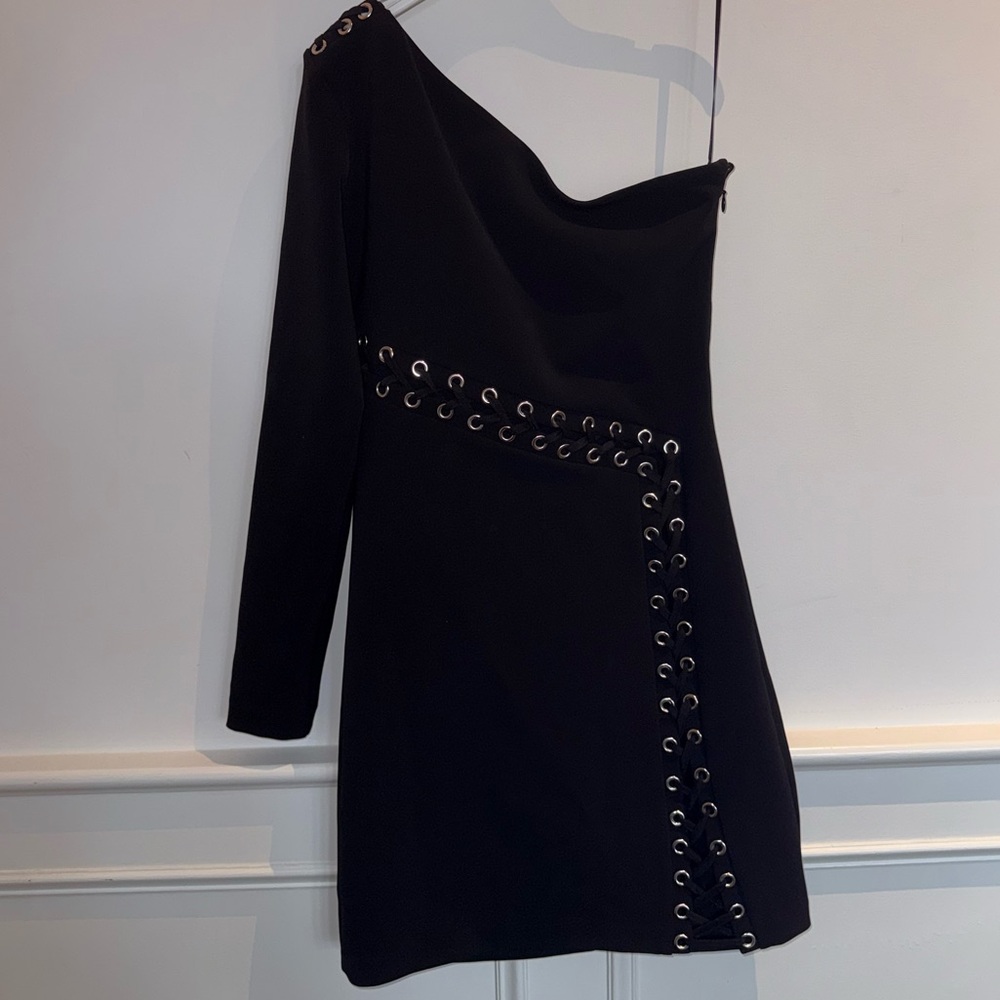 Parker Black One-Shoulder Dress with Grommet Accents